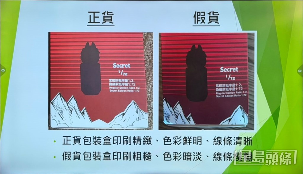 海關展示真假Labubu包裝盒的差異。 海關展示真假Labubu包裝盒的差異。