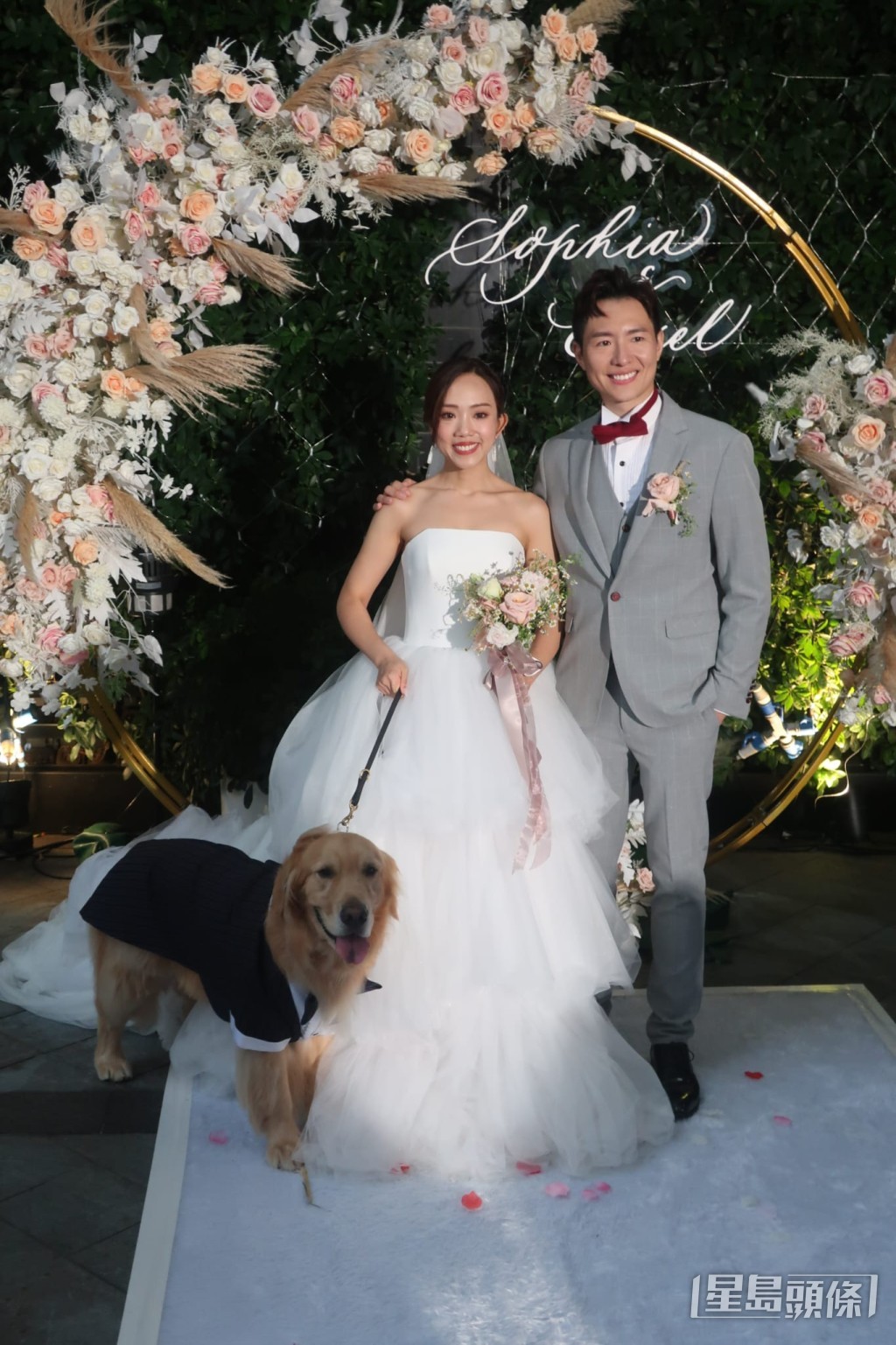 一對新人與愛犬。 一對新人與愛犬。