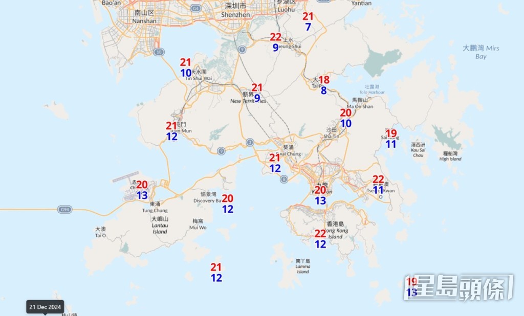 天文台預測周六大埔最低氣溫只得8度。天文台擷圖 天文台預測周六大埔最低氣溫只得8度。天文台擷圖
