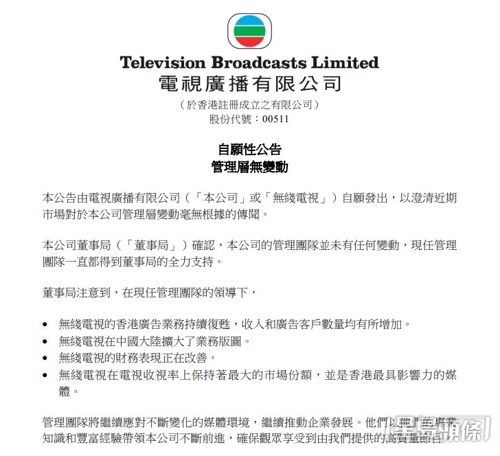 電視廣播（TVB，511）13日發公告澄清，重申管理層無變動，又指公司財務表現正在改善。