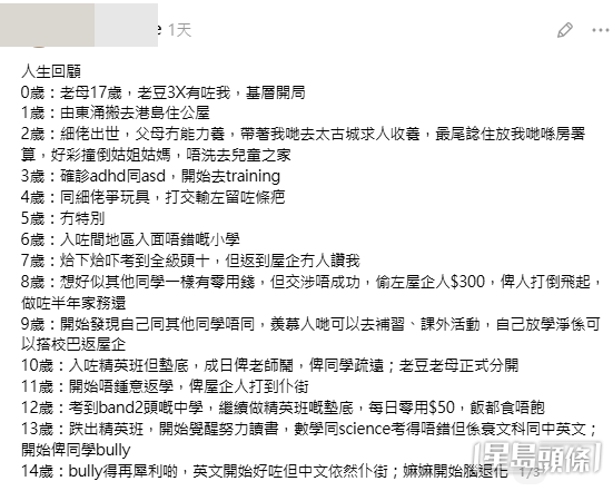 20歲應屆DSE女考生,在網上發布逾千字「人生回顧」的帖文(帖文截圖) 20歲應屆DSE女考生,在網上發布逾千字「人生回顧」的帖文(帖文截圖)