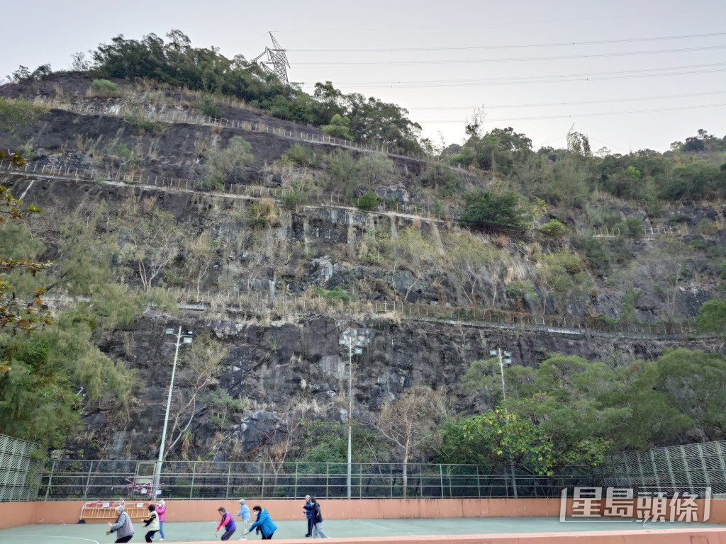 現場為石籬(一)邨石逸樓對出山坡,下面是屋邨球場,平日人來大往,女子上吊的位置距離球場約4層樓高蔡楚輝攝 現場為石籬(一)邨石逸樓對出山坡,下面是屋邨球場,平日人來大往,女子上吊的位置距離球場約4層樓高蔡楚輝攝