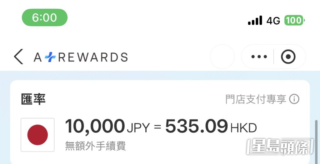 AlipayHK 匯價則維持在每100日元兌5.3509港元。 手機擷圖