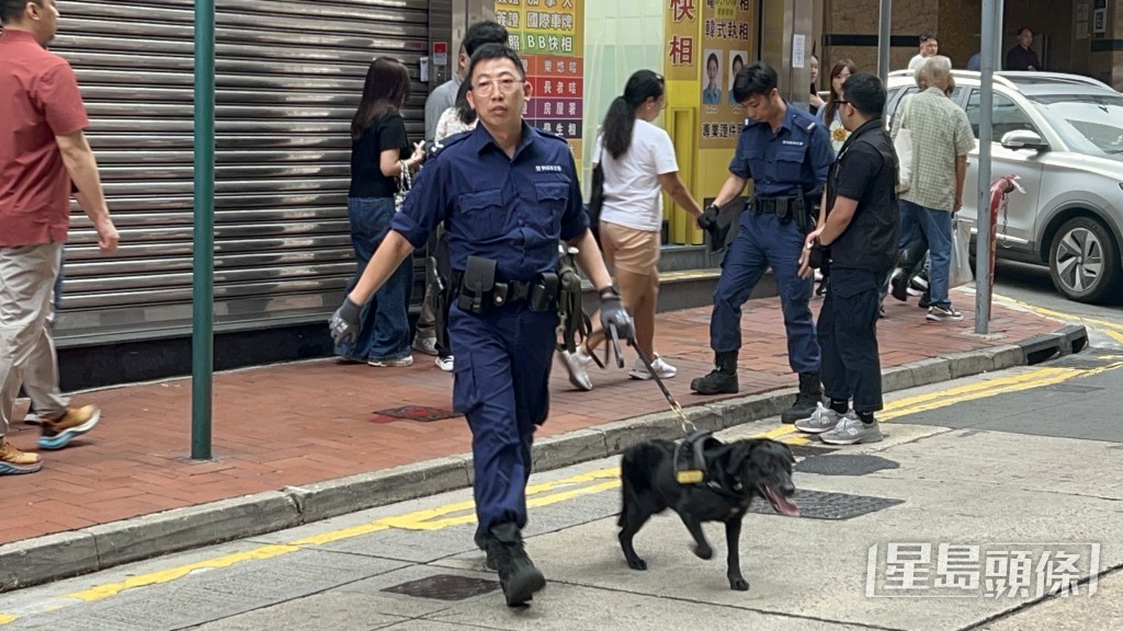 警員出動警犬搜索證據。 警員出動警犬搜索證據。