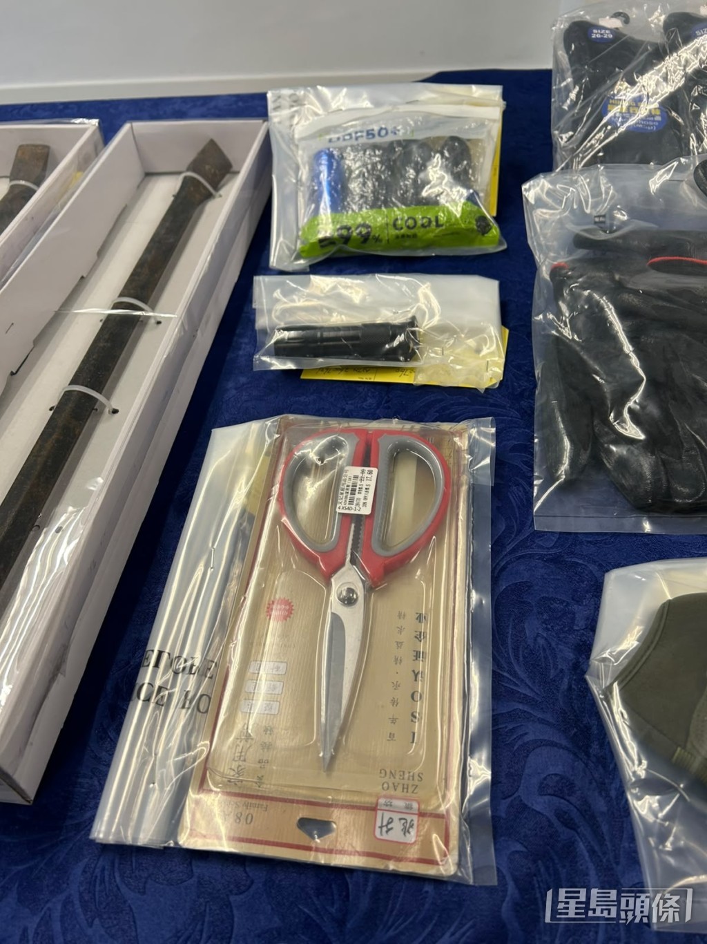 警方在疑犯身上檢獲作案工具,包括鉸剪及電筒。 警方在疑犯身上檢獲作案工具,包括鉸剪及電筒。