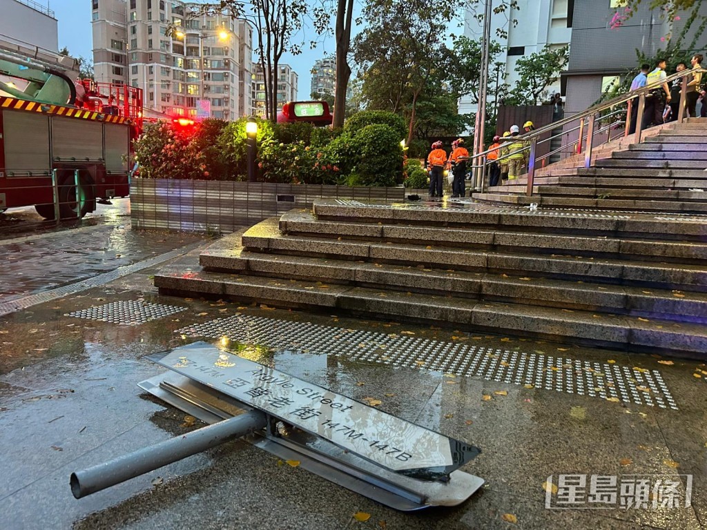 路牌被撞斷，可見事發時衝擊力巨大。曾志恆攝