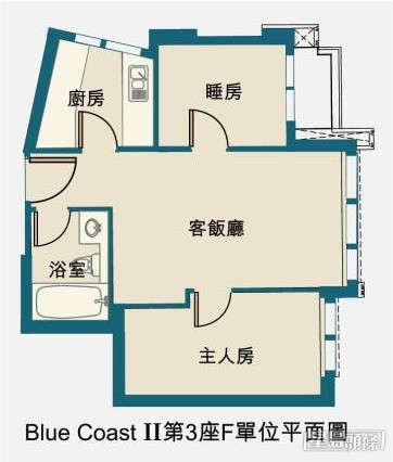 第3座F單位(2房梗廚)平面圖，面積443方呎。