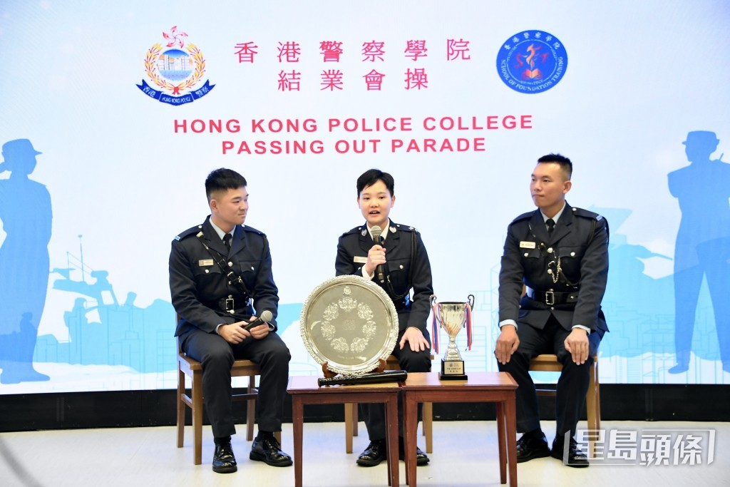 (左至右)最新一期警察學院畢業的學警葉浩文、見習督察范婕妍及學警歐陽奕鳴接受傳媒訪問。楊偉亨攝