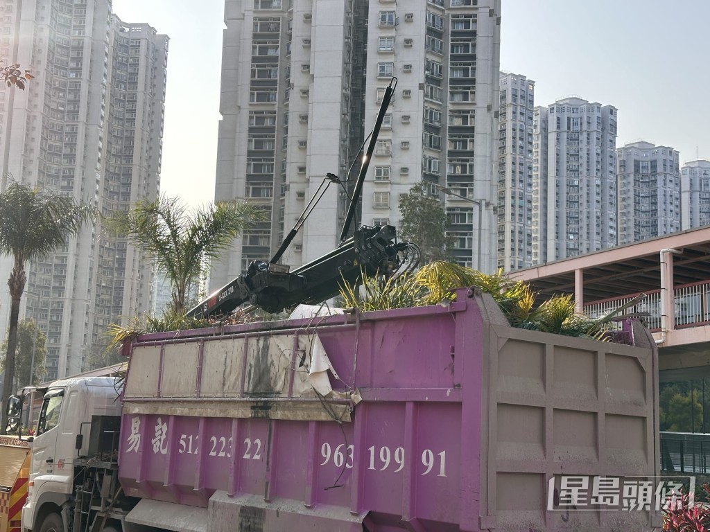 一輛盛滿殘斷樹枝的吊臂車，其吊臂在空中勾住了橫跨馬路兩邊的輕鐵架空電纜。梁國峰攝