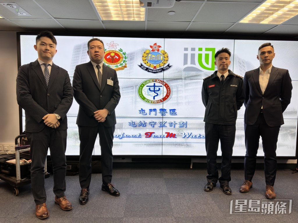 警方、消防處及地政處官員出席簡佈會。梁國峰攝 警方、消防處及地政處官員出席簡佈會。梁國峰攝