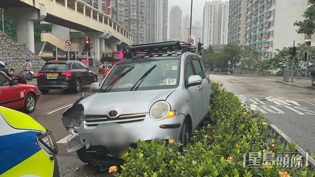 掛P牌私家車鏟上花槽。林思明攝