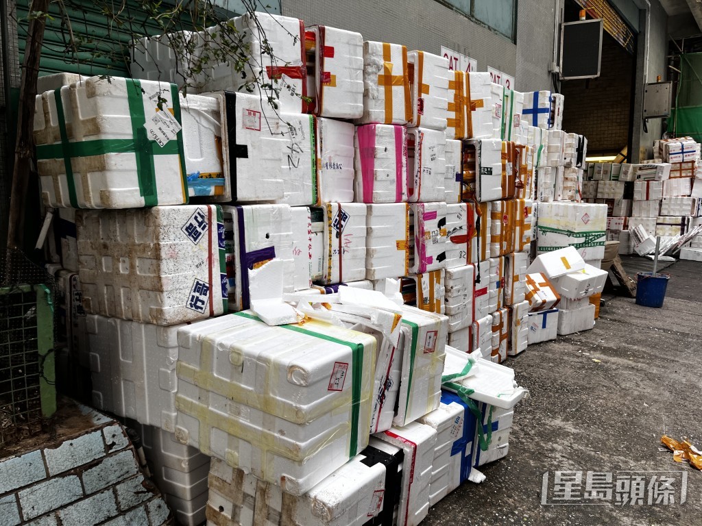旺角長旺道垃圾收集站堆滿發泡膠箱。 旺角長旺道垃圾收集站堆滿發泡膠箱。