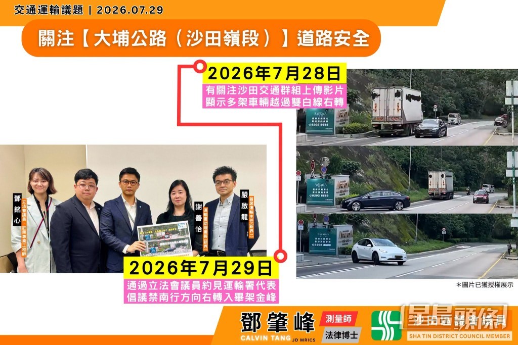 經民聯鄧肇峰向署方建議禁止南行方向右轉入畢架金峰,指現時上址雖已設置雙白線,但未能有效阻止右轉。 經民聯鄧肇峰向署方建議禁止南行方向右轉入畢架金峰,指現時上址雖已設置雙白線,但未能有效阻止右轉。