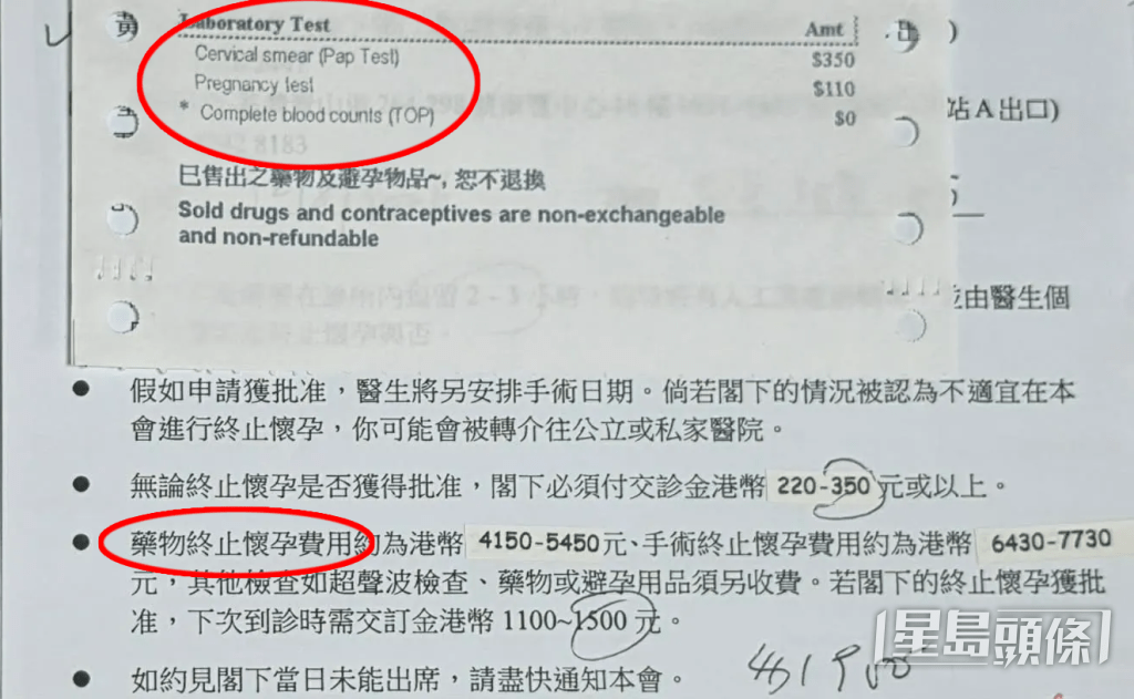 另一張樓為主進行終止懷孕前一些檢查的收據,金額共460元,另有其他收費詳情單,上面清晰列明了「藥物終止懷孕費用約為港幣4150-5450元」、「手術終止懷孕費用約為港幣6430-7730元」。(帖文截圖) 另一張樓為主進行終止懷孕前一些檢查的收據,金額共460元,另有其他收費詳情單,上面清晰列明了「藥物終止懷孕費用約為港幣4150-5450元」、「手術終止懷孕費用約為港幣6430-7730元」。(帖文截圖)