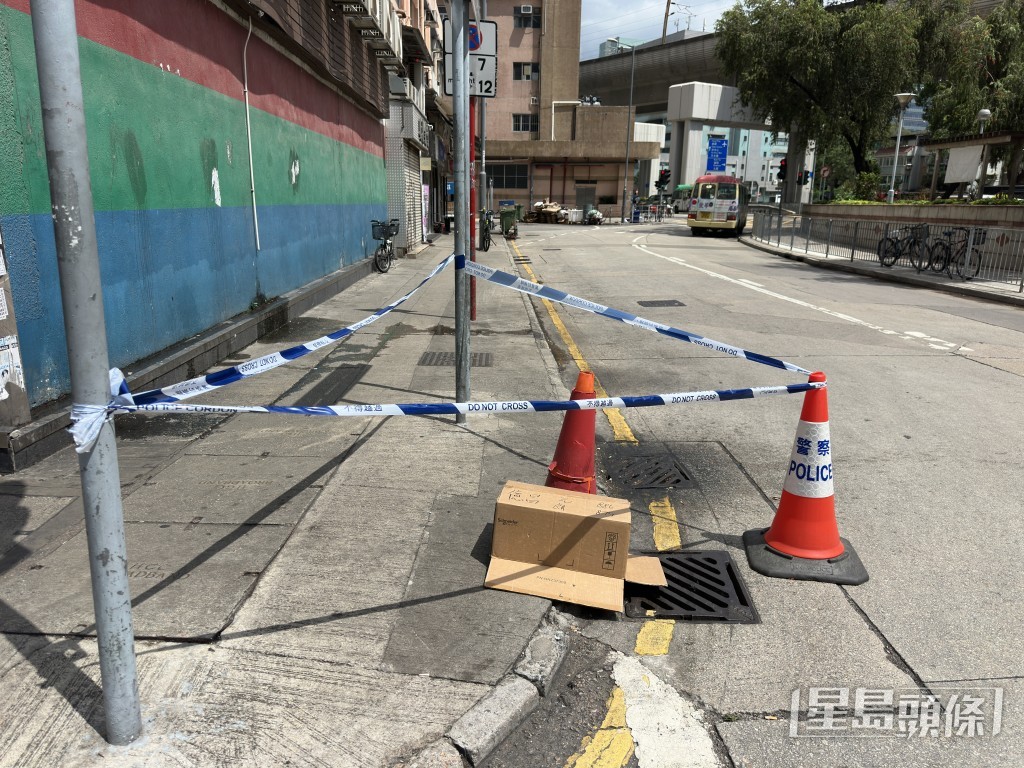 警員用紙盒蓋住兩柄利刀。梁國峰攝 警員用紙盒蓋住兩柄利刀。梁國峰攝