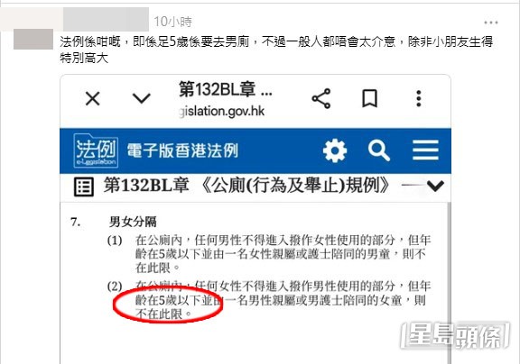 部分網民引用法例，指出《公廁(行為及舉止)規例》第132BL章第7條列明：「在公廁內，任何男性不得進入撥作女性使用的部分，但年齡在5歲以下並由一名女性親屬或護士陪同的男童，則不在此限。」(帖文留言截圖)