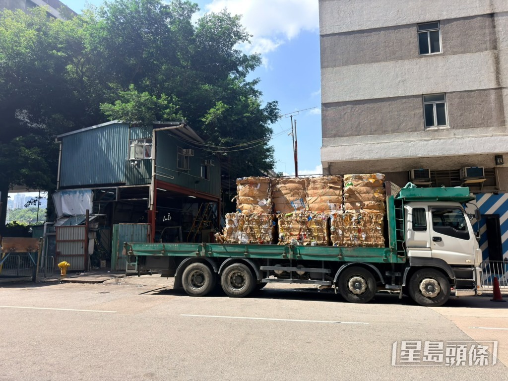 废纸场内有大批压缩纸皮。
