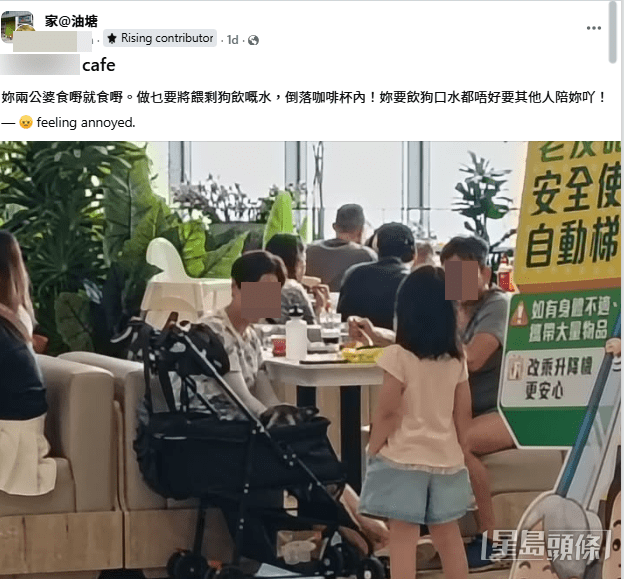 有網民在社交平台發文，怒轟一對夫婦在油塘一個大型商場的連鎖Cafe內，竟將餵完狗隻飲用的水，直接倒進餐廳提供的咖啡杯中(圖片：帖文截圖，家@油塘＠facebook)