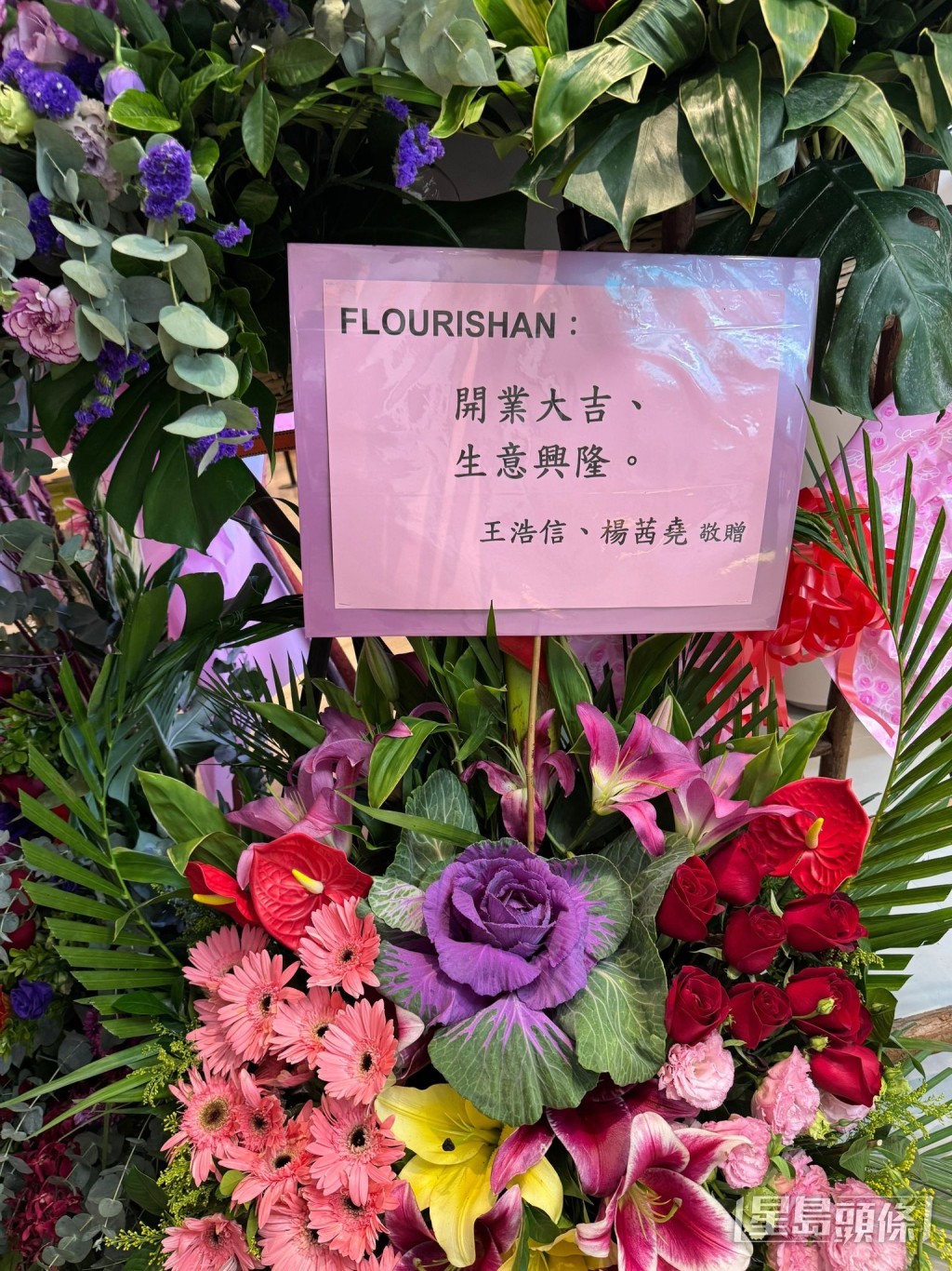 杨茜尧与王浩信送花蓝祝贺。