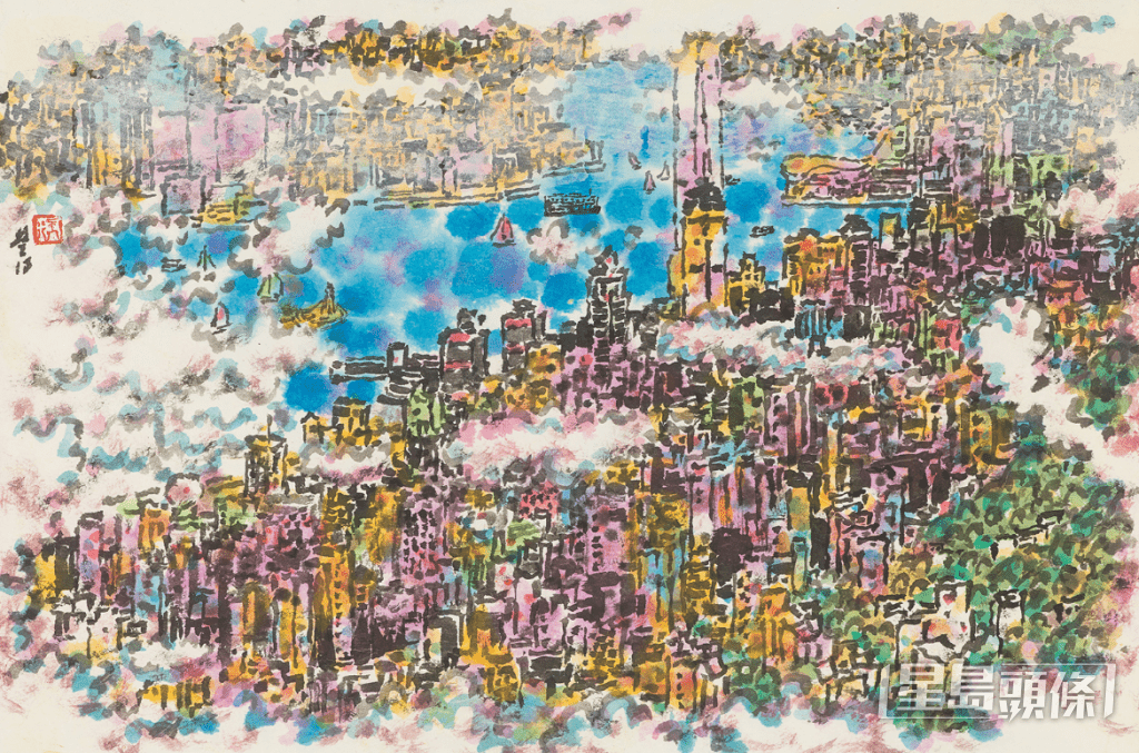 林天行作品《維港詩情》2022，水墨設色紙本，39 X 60cm 