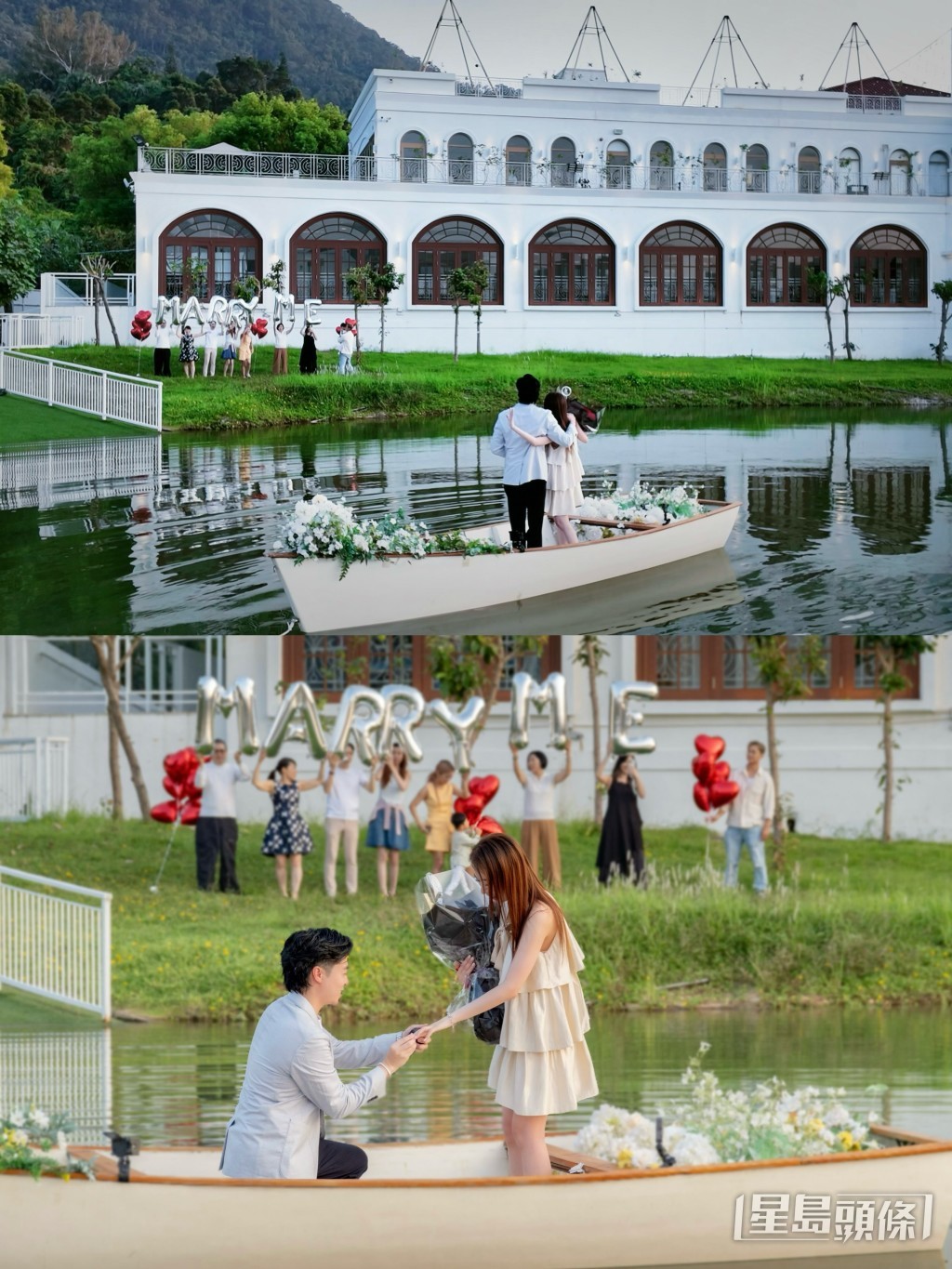 子丰在湖中央小船上向女友跪地求婚，場面極度浪漫。
