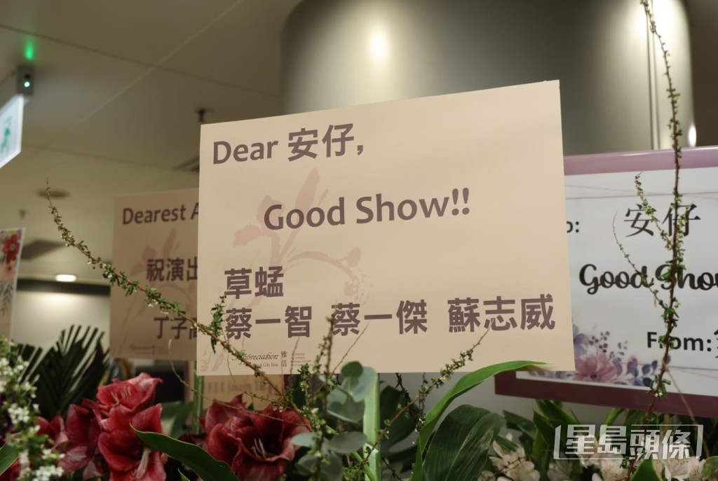 組合草蜢（蔡一智、蔡一傑、蘇志威）送上花籃，祝安仔Good Show。