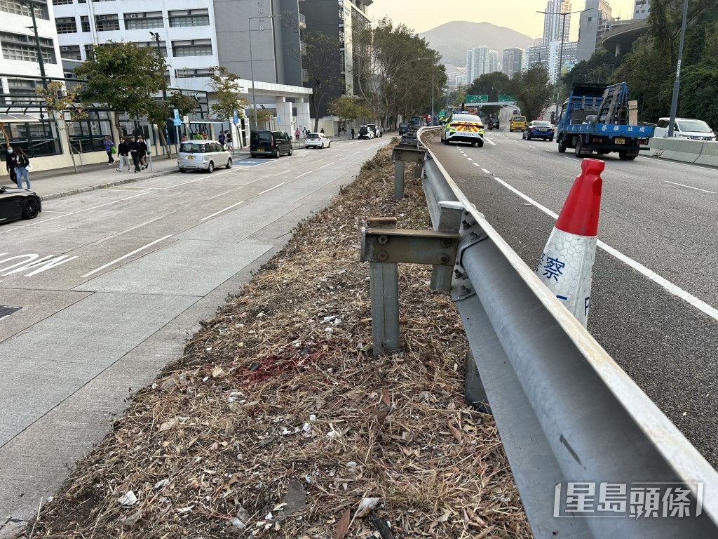 路邊草叢血跡斑斑，鮮血更流淌至草叢下方護土牆。