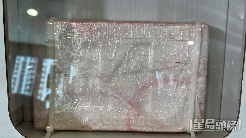 刻於磚狀可卡因上的圖案。劉漢權攝 刻於磚狀可卡因上的圖案。劉漢權攝