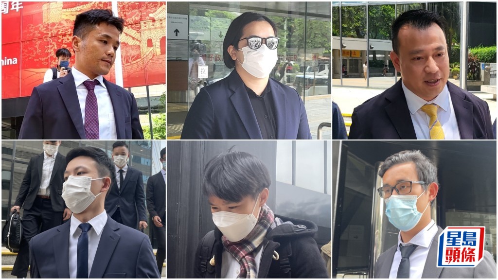6名待判被告上左起至右梁飛鵬、龐雋詩、林華嘉,與下左至右莫志成、尹栢詩和陳守業。資料圖片