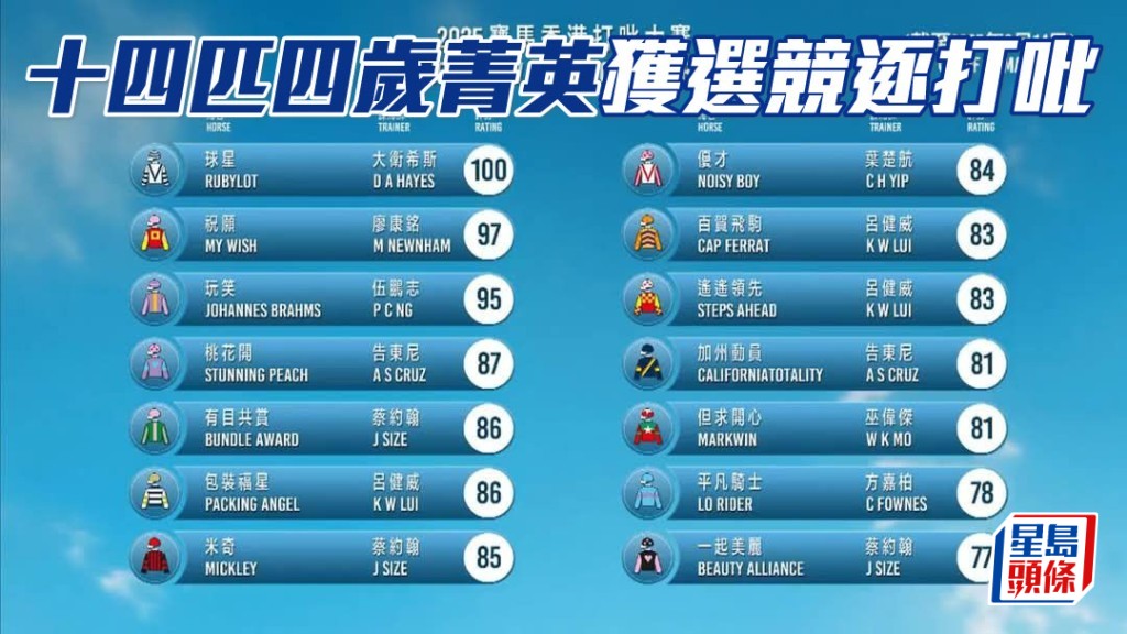 「祝願」及「球星」等十四匹四歲菁英，獲選競逐寶馬香港打吡大賽。
