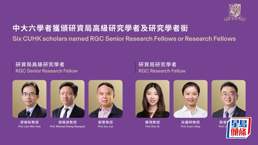中大各有3名學者獲頒「研資局高級研究學者」及「研資局研究學者」名銜。中大圖片