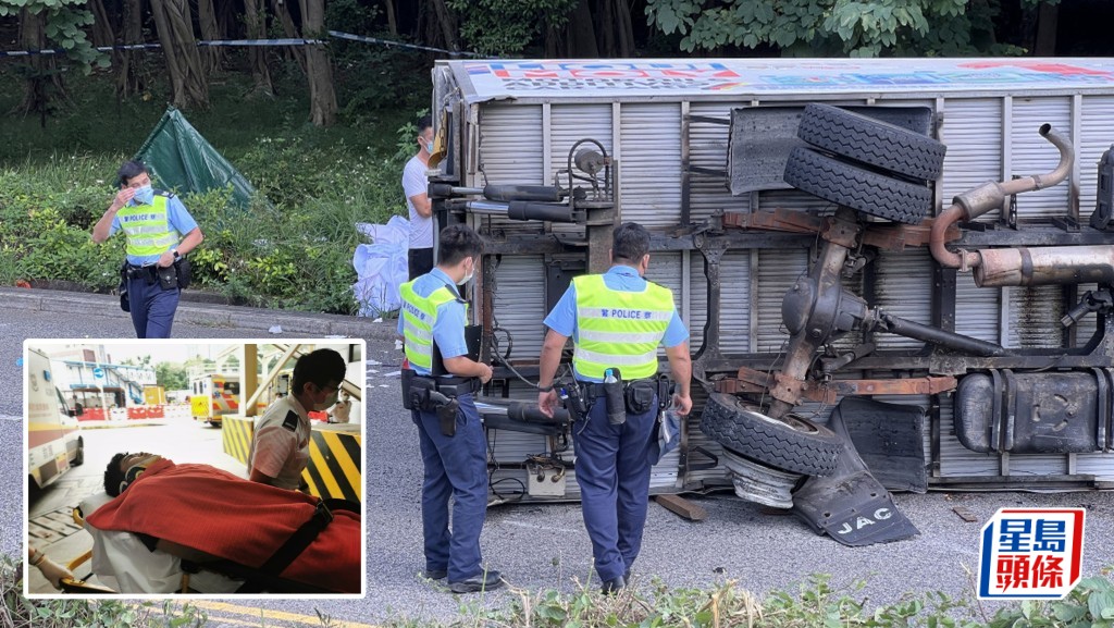 當日貨車翻側在路上,而被告文俊基(小圖)的女友則被拋出車外。資料圖片
