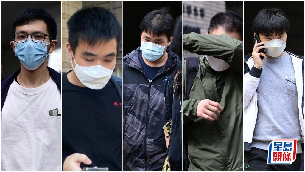 左起被告譚兆竣、陳家明、吳啟正、曹杰庭和黃栢康，5人共12罪成。資料圖片