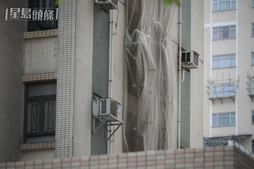 富嘉閣正進行維修,天井位置鋪上圍網。 富嘉閣正進行維修,天井位置鋪上圍網。