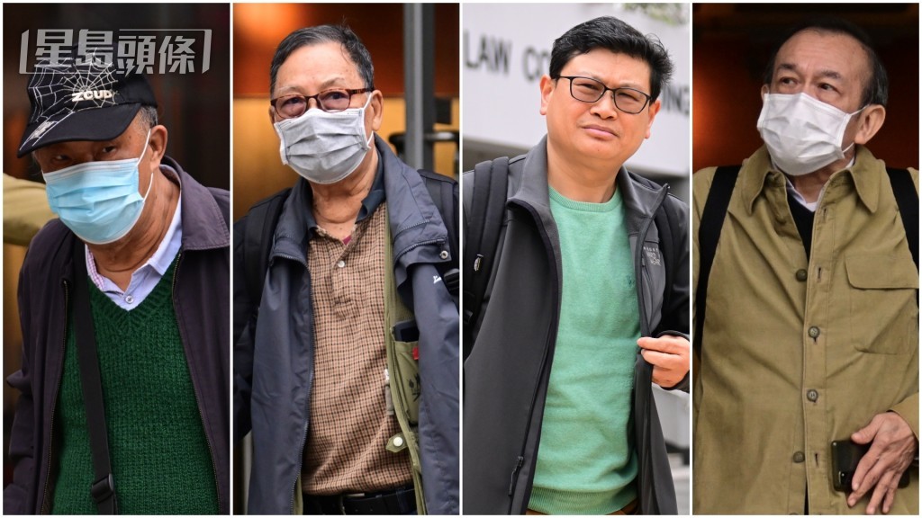 4名被告左起梁錦益、龍福兒、楊啟光和鄧翹沾，與另5名被告同於套丁案中被控串謀詐騙罪。陳極彰攝