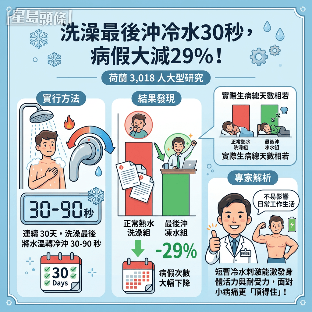 研究:洗澡最後轉冷30秒 請病假次數顯著降29% 研究:洗澡最後轉冷30秒 請病假次數顯著降29%