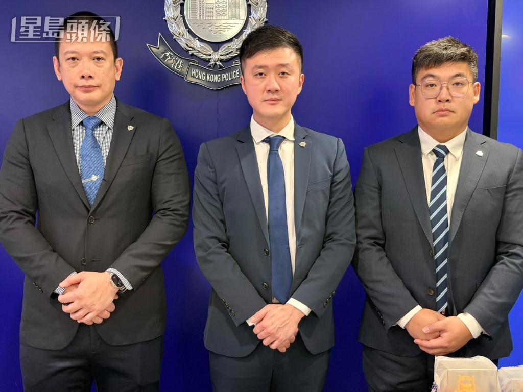 O記署理高級警司歐陽德(中)、署理警司何恩傑(左)及總督察盧文輝(右)。 O記署理高級警司歐陽德(中)、署理警司何恩傑(左)及總督察盧文輝(右)。