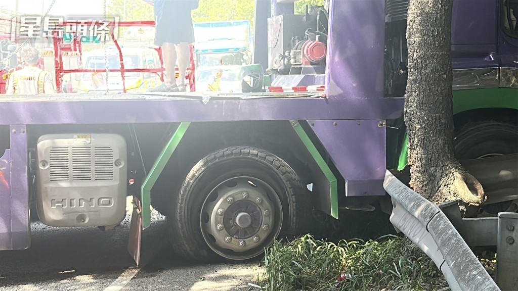 拖架貨車撞毀鐵欄剷入草叢。劉漢權攝 拖架貨車撞毀鐵欄剷入草叢。劉漢權攝