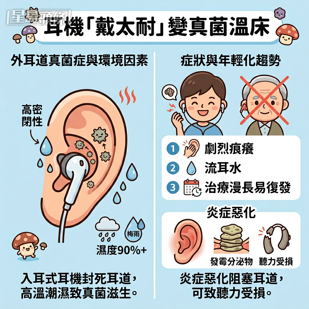 「外耳道真菌症」是指耳道皮膚遭真菌（如麴菌或念珠菌）侵襲並大量繁殖所引起的發炎反應。