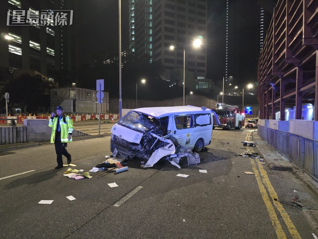 轻型货车撞向路中灯柱，再“擒”上石壆， 横越三条行车线停下。黎志伟摄