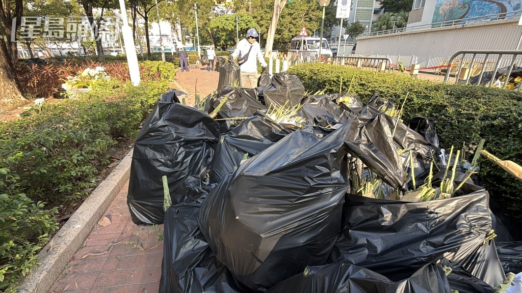 大批棄置的花束被放進多個垃圾袋,由清潔工人清走。梁國峰攝 大批棄置的花束被放進多個垃圾袋,由清潔工人清走。梁國峰攝