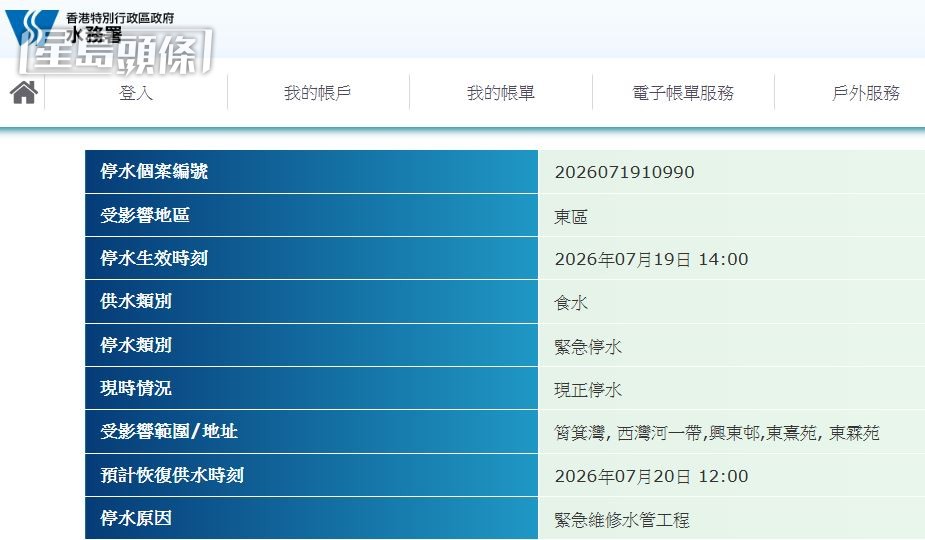 水務署預料今日中午恢復筲箕灣一帶的供水。