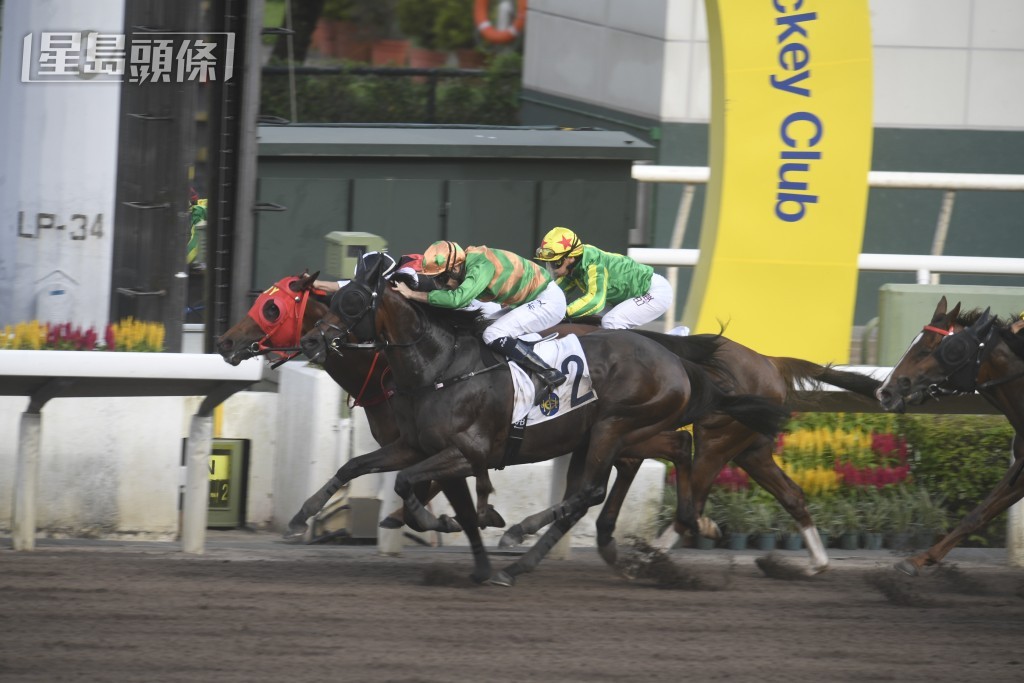 周俊樂表示策騎「競駿光輝」(中) 競逐泥地，在終點前反先「縱橫大進」(外) 勝出，令他最感興奮。