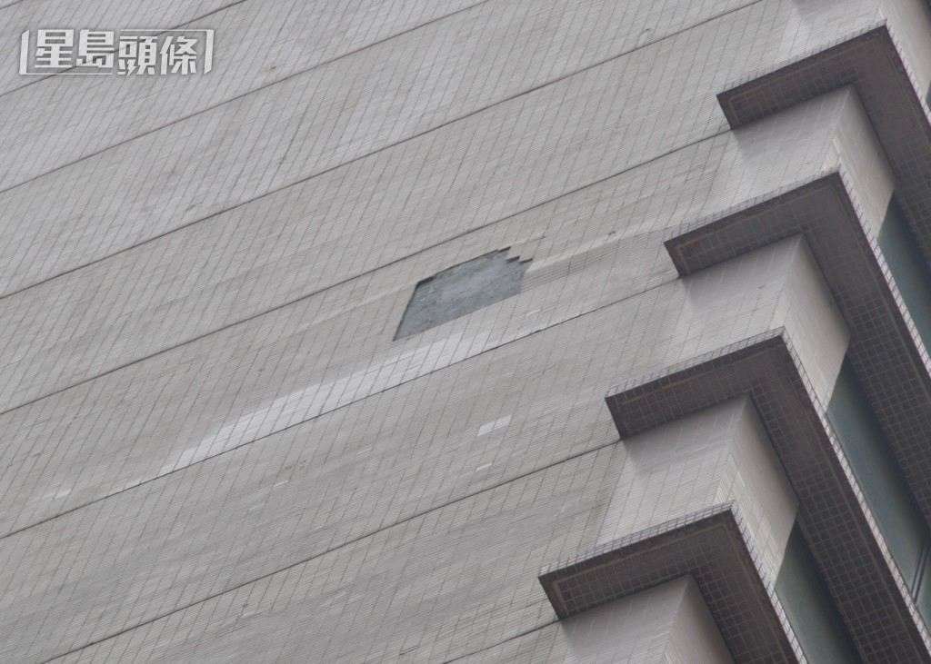 大廈的高處外牆有紙皮石剝落。楊偉亨攝 大廈的高處外牆有紙皮石剝落。楊偉亨攝