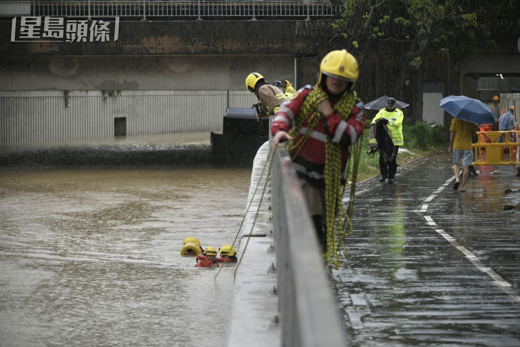 消防員遊繩拯救司機。陳浩元攝