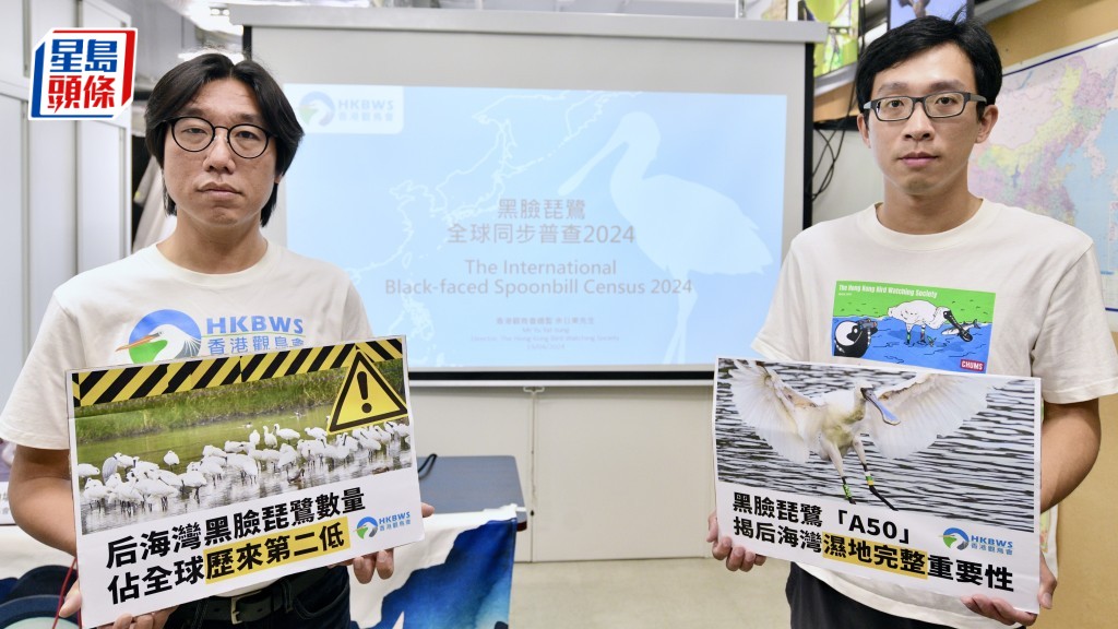 香港觀鳥會今日（19日）公布「黑臉琵鷺全球同步普查2024」，圖為香港觀鳥會總監余日東(左)、香港觀鳥會研究主任江珀墉(右)。盧江球攝