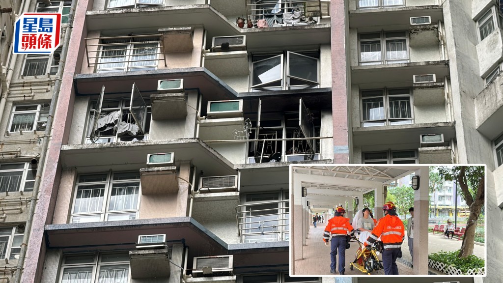起火單位外牆熏黑,一名男住客吸入濃煙不適送院。