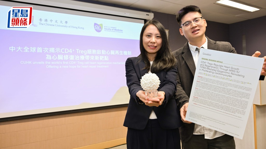 呂愛蘭（左）指出，未來團隊將致力將機制轉化為臨床療法，冀幫助全球心肌梗塞及心臟衰竭患者。右為侯楊峰。中大提供