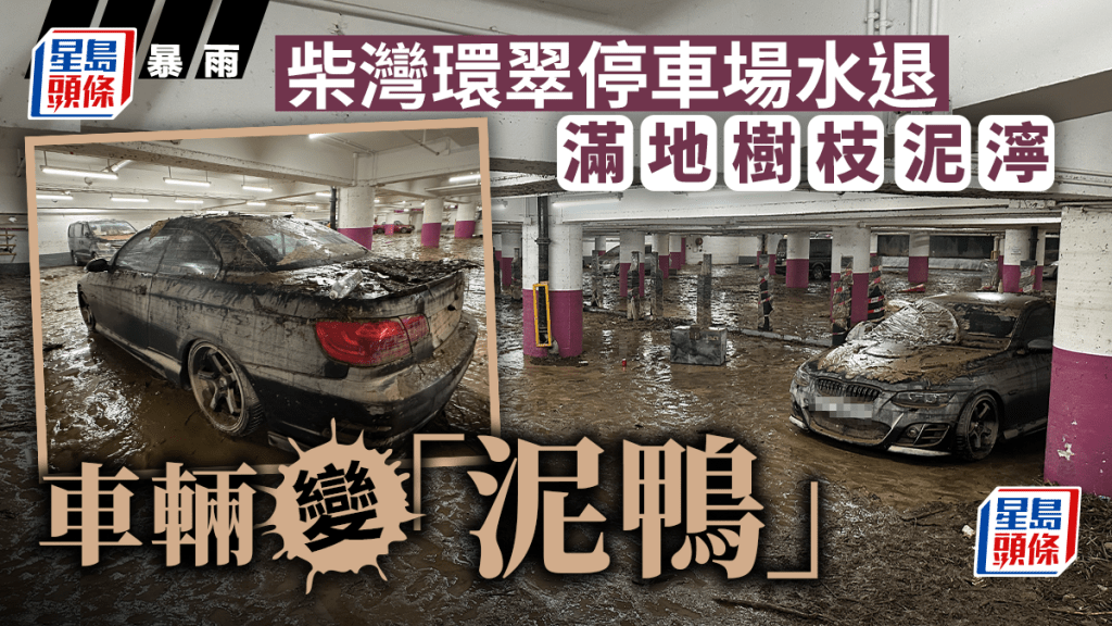 世紀暴雨｜環翠停車場水退滿地泥濘 車輛變「泥鴨」。梁國峰攝