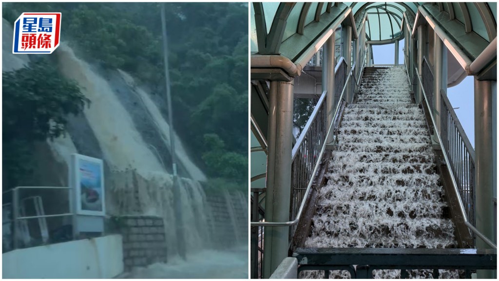 薄扶林道往瑪麗醫院方向路邊斜坡洪水傾瀉。鍾澤賢 攝